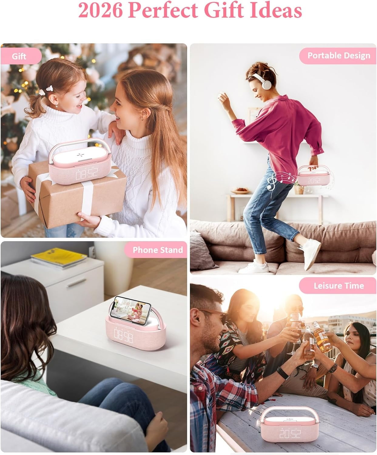 FreeFish Bluetooth Speaker Alarm Clock with Wireless Charger, LED Night Light, 2500mAh Battery - For Bedroom, Home Pink