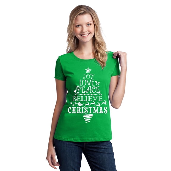 P&B Joy Love Peace Believe Christmas Tree Women's T-shirt, L, Green