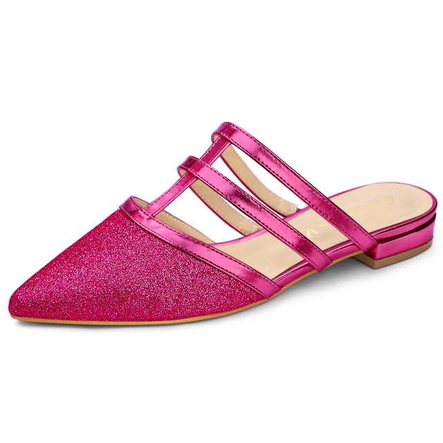 BLISSFUL STEP Mules Plates à Paillettes pour Femmes à Bout Pointu Rose Vif US 8.5