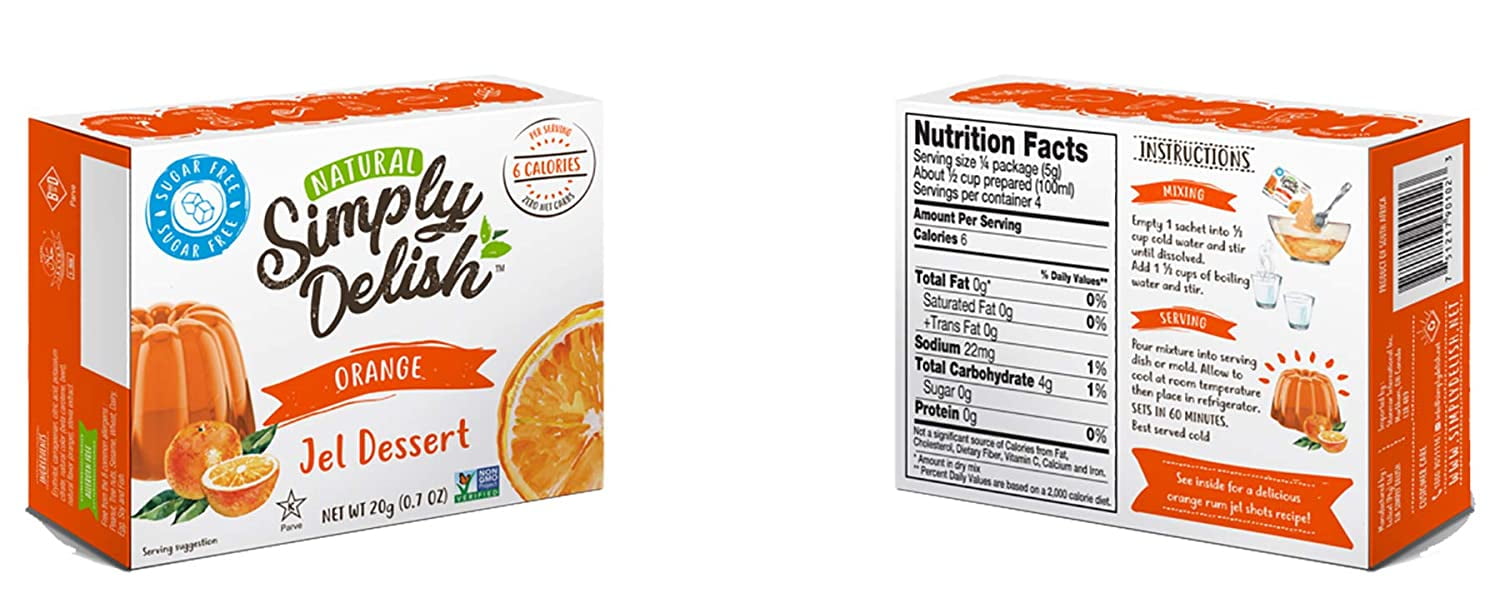 Simply Delish Natural Orange Jel Dessert - Sugar Free, Non GMO, Gluten Free, Fat Free, Lactose Free, Keto Friendly - 0.7 OZ (Pack of 6)