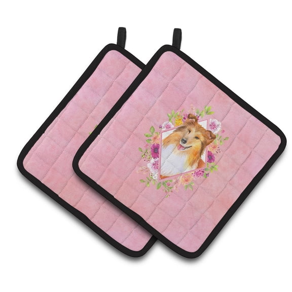 Carolines Treasures CK4182PTHD Sheltie Shetland Sheepdog Pink Flowers Pair of Pot Holders 7.5HX7.5W multicolor