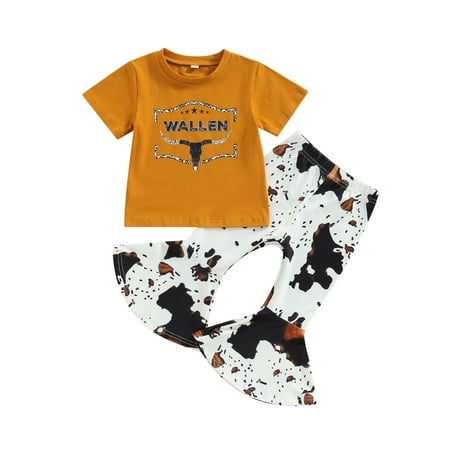 

Kids Girls Outfits Summer Cow Head Letter Print Short Sleeve T-shirt and Casual Flare Pants Set