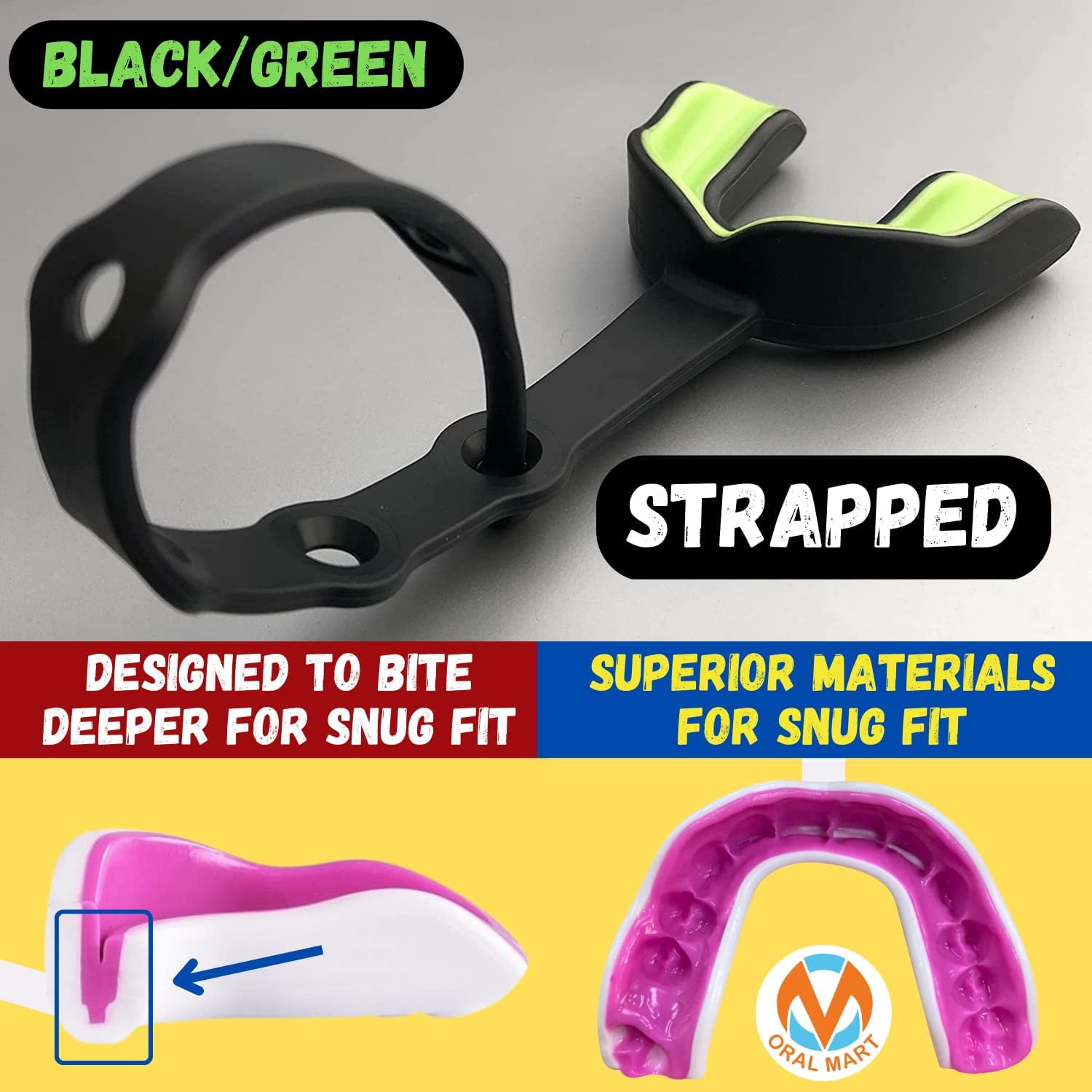 Strapped Mouth Guard for Football, Lacrosse, Ice Hockey, Taekwondo (USA Flag, Fangs, 15+ Colors to Choose from) - Sports Mouthguard with Fixed Strap (Strapped, Youth or Adult)