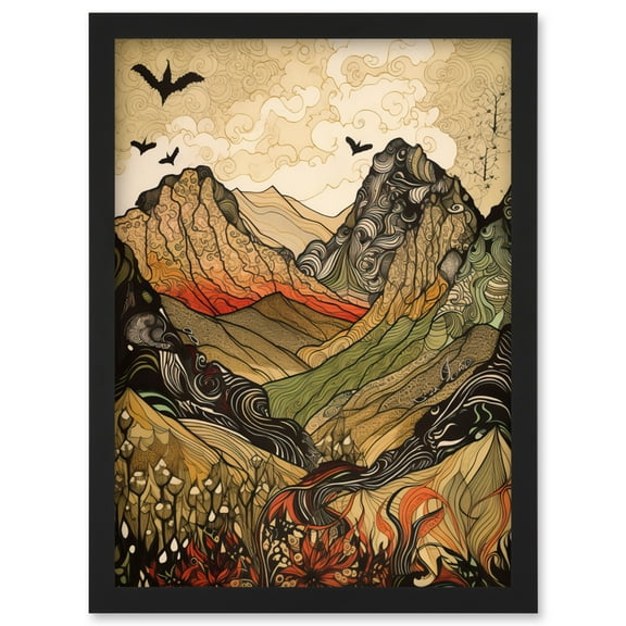 Mountain Landscape Multicoloured Pattern Linocut Artwork Framed Wall Art Print A4