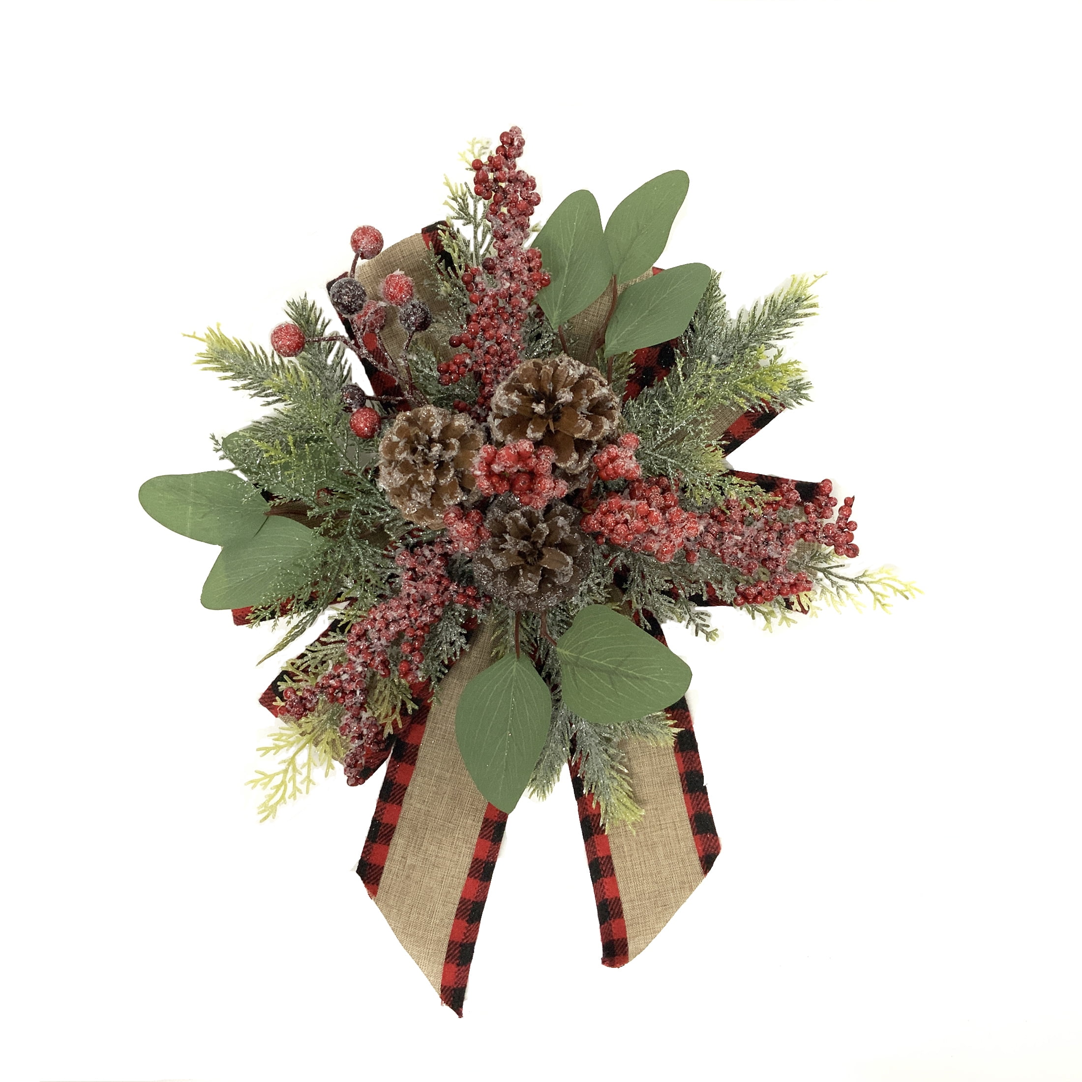 Holiday Time Burlap & Red Check Greenery Bow