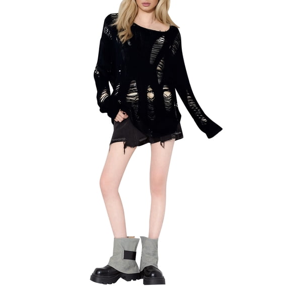 MIASHUI Women's Ripped Hollow Dark Style Fall Winter Sweater, Edgy Grunge Knit Top for Alternative Fashion Black,One Size