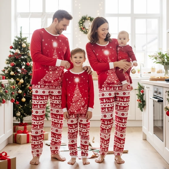 Family Matching Christmas Pajamas Christmas Tree Print Long Sleeve Tops Long Pants Sleepwear