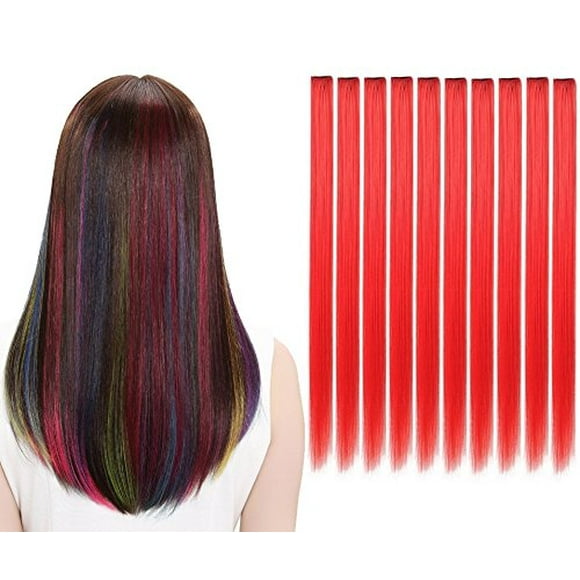 LiaSun 10Pcs/set Multi-Colors Straight Highlight Clip in Hair Extensions 20 Inch Colored Party Hair Pieces (Red)