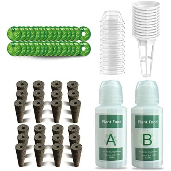 Seed Pods for Hydroponics Growing System - (No Seeds), Hydroponics Supplies with 24 Grow Sponges, 12 Planting pods,2 Set a&b Hydroponic Nutrient Plant Food,28 Stickers,12 Seeding Cover