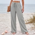 thumbnail image 2 of Wide Leg Linen Pants for Women Casual Drawstring Palazzo Pants Summer Vacation Beach Flowy Trousers with Pockets, L, 2 of 7