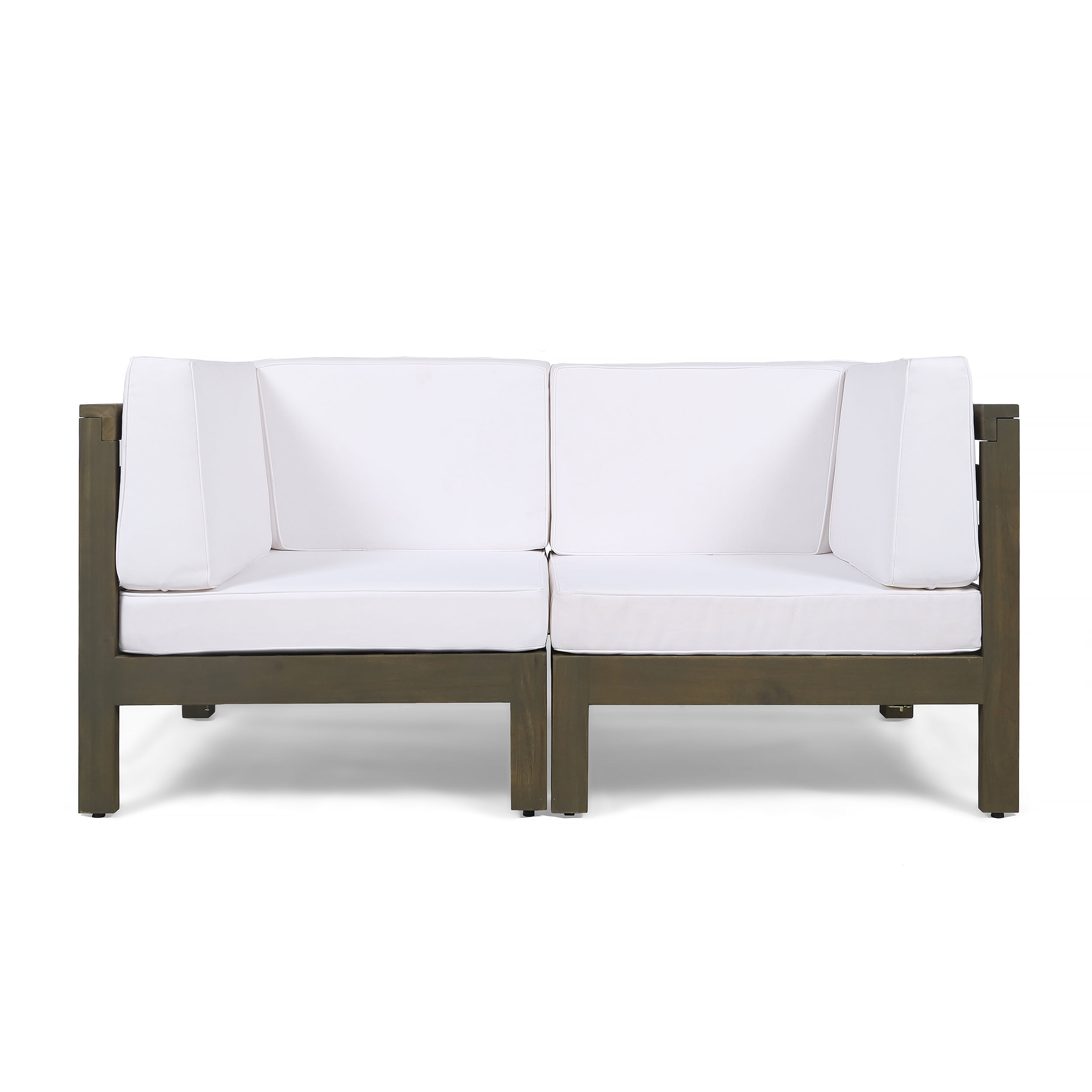 Luella Outdoor Modular Sectional Acacia Wood Loveseat with Cushions, Gray, White