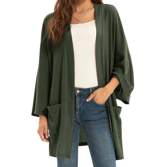 Grace Karin Women's Open Front Cardigan Oversized Waffle Knit Long Batwing Sleeve Sweaters with Pockets,Army Green