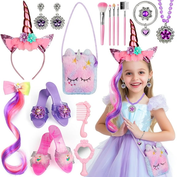 Flooyes Unicorn Princess Dresses Up Toy, Princess Toy Set for Toddlers with Handbag and jewelry, Birthday Gift For 3 4 5 6 Year Old Girls