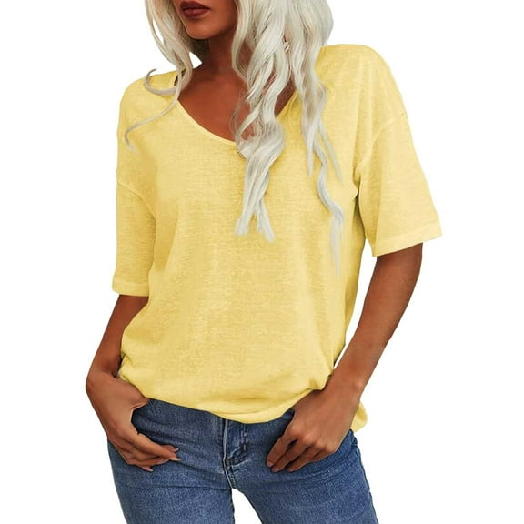 Endives Women's T Shirt V Neck Half Sleeve Loose Shirt Casual Solid Color Basic Top