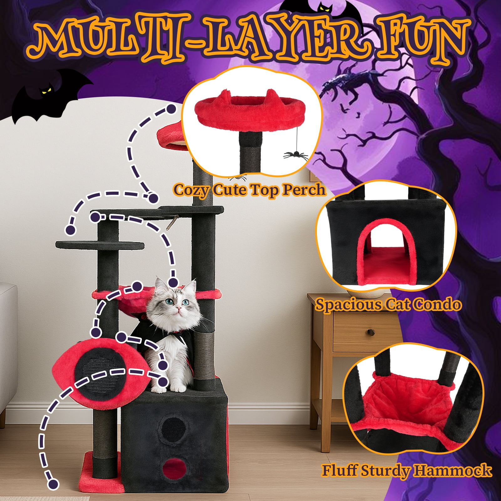 Zimtown 5-Layer Halloween Cat Tree with Scratching Post, Plush Cave Bed & Glow Eyes, Black & Red