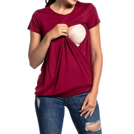 

Kernelly Women Maternity Nursing Breastfeeding Tops Pregnant Ladies Pure Color Cotton Round Collar T-Shirt Top Female Summer Clotheing