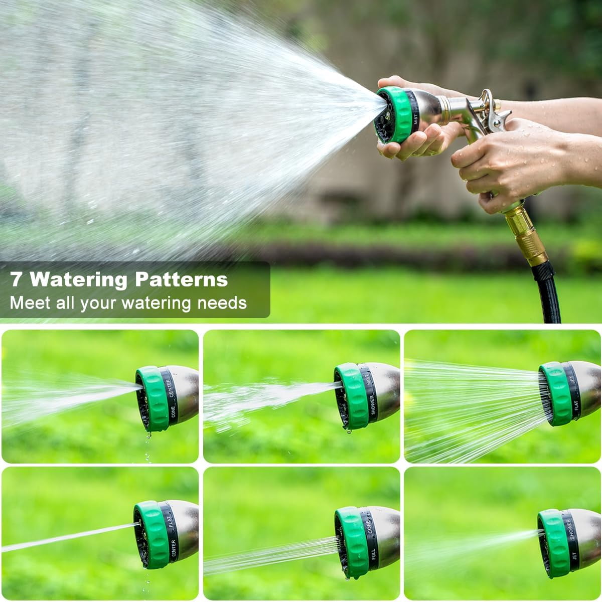 FANHAO Metal Heavy Duty Hose Nozzle with 7 Spray Patterns, Ergonomic Rear Trigger, High Pressure Water Nozzle Sprayer for Lawn