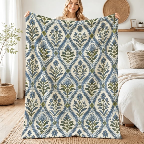 Verolix Blue Green Leaf Damask Flannel Throw Blanket for Couch and Bed, Holiday Gift, 30" x 40"