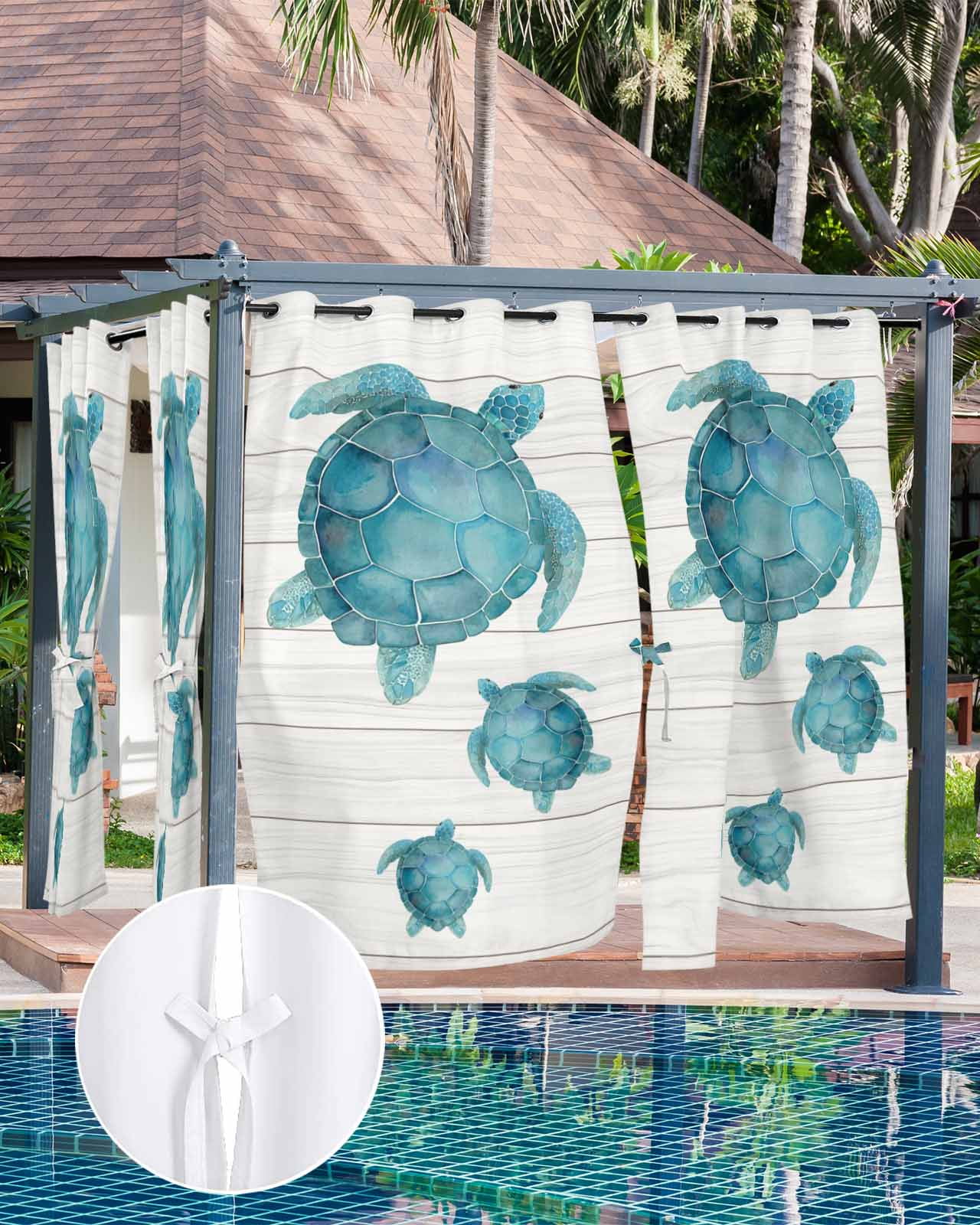 Teal Turtle Coastal Outdoor Curtains for Patio, Vintage Nautical Ocean Sea Privacy Drapes Grommet Waterproof Outside Curtains for Porch/Cabana/Balcony 54"x 108", 1 Panel