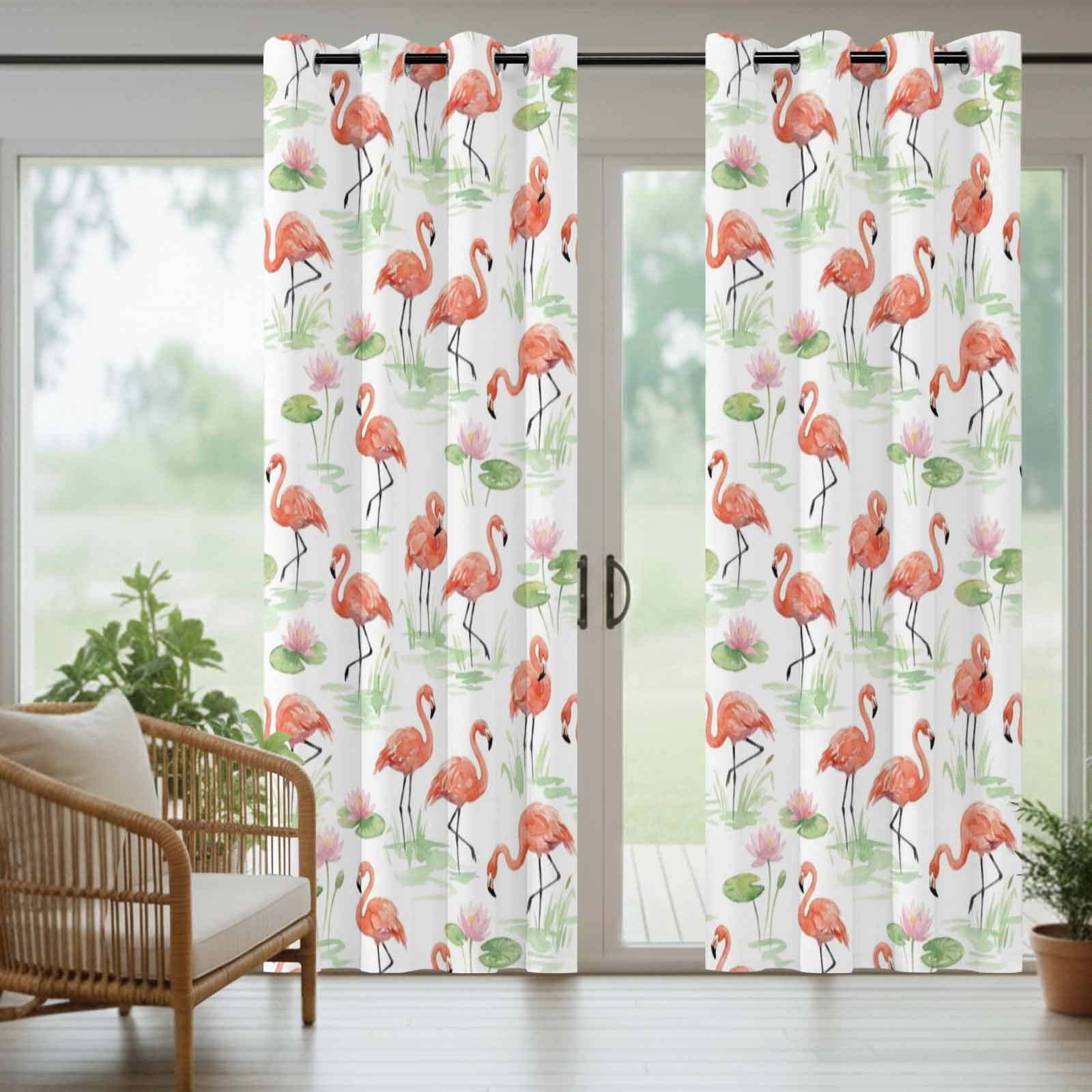 Pink Flamingos Outdoor Curtains for Patio, Boho Summer Pink Tropical Vibe Lotus Flower Lotus Leaf Sunshade Privacy Drapes Grommet Waterproof Outside Curtains for Porch Balcony 54"x108", 1 Panel