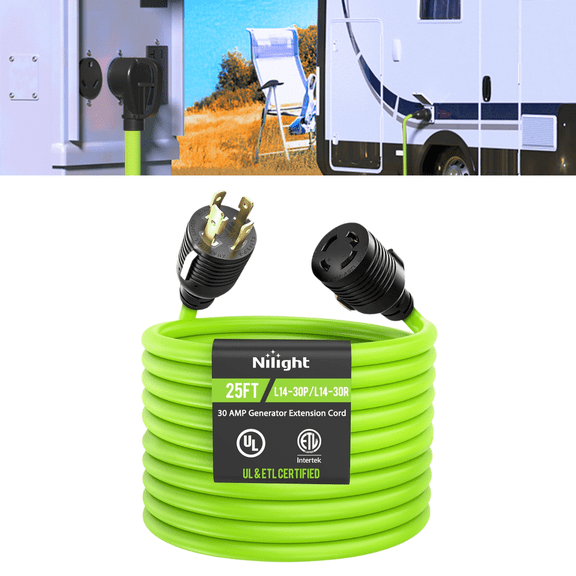 Nilight 25FT 30Amp Generator Extension Cord 125V Heavy Duty 10/3 AWG Pure Copper STW Cable UL ETL Certified 4-Prong Locking L14-30P to L14-30R Weatherproof Power Cord for RV Camper Outdoor Green