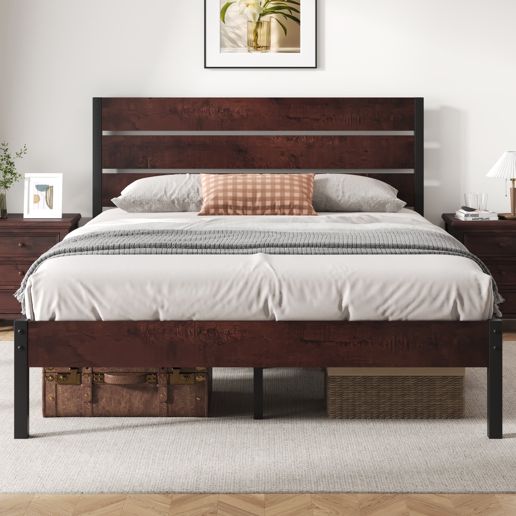 Fluest Queen Bed Frame with Rustic Vintage Wood Headboard and Footboard,Metal Support, VintageBrown