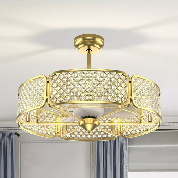 Harmijoy 30 Inch Caged Ceiling Fan W/ 6 Light Bases, Crystal Ceiling Fan Light W/ 6 Gear Speeds & 3 Fan Blades, Quiet Operation