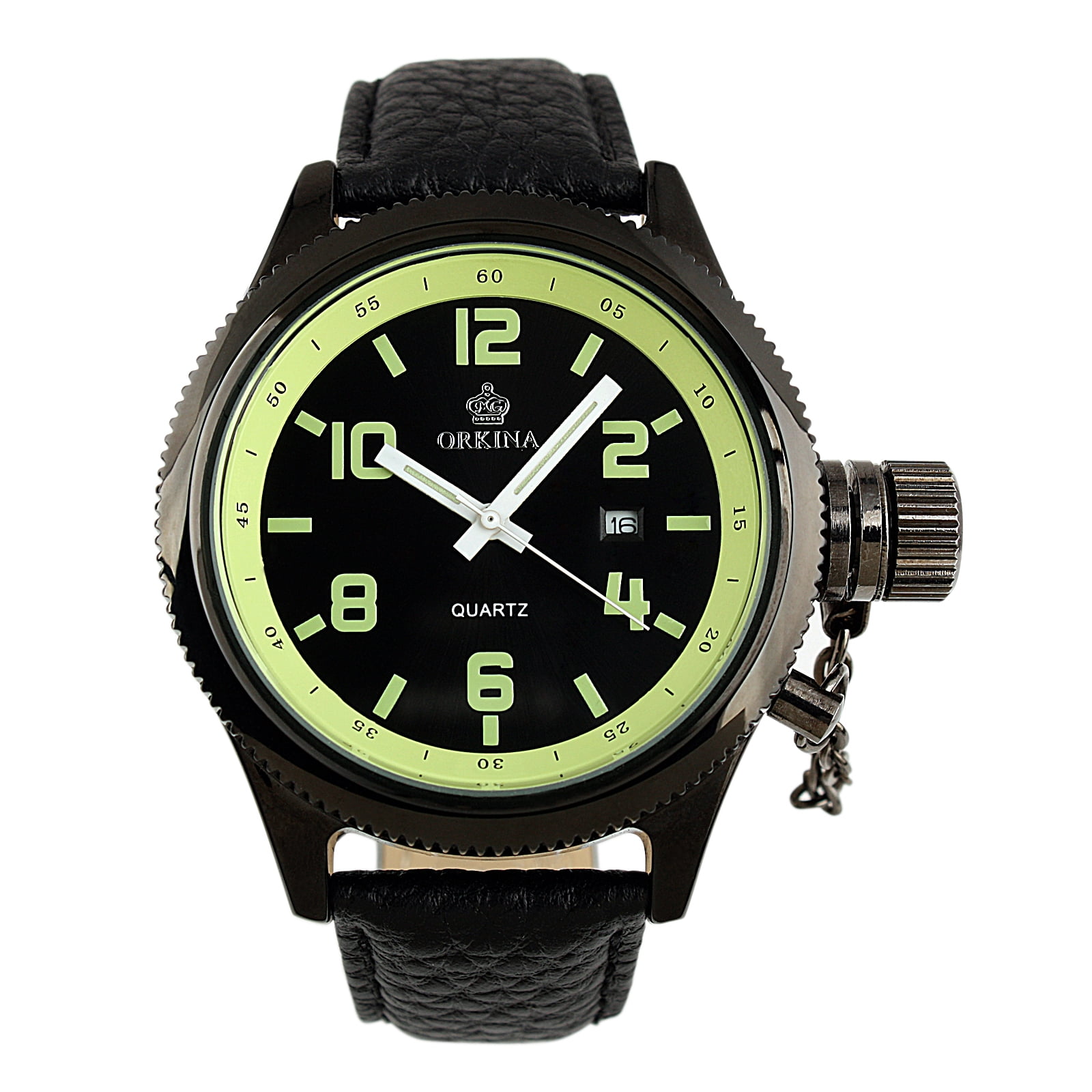 Mens Black Quartz Analog Wrist Watch Fluorescent Green Big Button