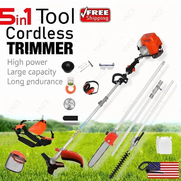YNCE Powerful 52cc 5 in 1 Multi Functional Trimming Tools,Gas Hedge Trimmer,String Trimmer, Weed Eater, Pole Chainsaw with Extension Pole and Brush Cutter
