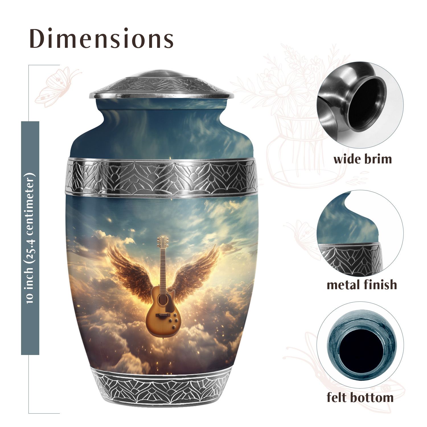 YATSKIA Angel Wings Guitar Burial Urn For Ashes Adult Female And Male, Decorative Urns Large For Human Ashes Adult Men And Women, (200 Cubic, Large 10 Inch)