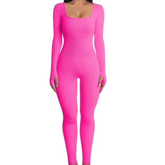 Women's Ribbed Long Sleeve Yoga Jumpsuit, Square Neck One Piece Workout Bodysuit for Fitness and Activewear