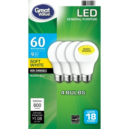 Great Value LED Light Bulb, 9W (60W Equivalent) A19 General Purpose Lamp E26