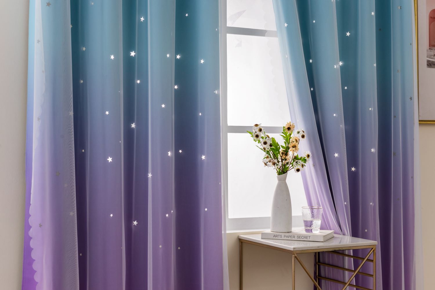 Anjee Blackout Curtains for Kids Girls Bedroom Curtain,Star Curtain Dual Layer Curtains with Sheer 2 Panel Set,52" x 95",Blue Purple
