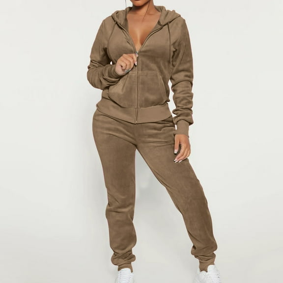 Womens Sets 2 Piece Outfits Lounge Casual Long Sleeve Full Zip Hooded Jacket and Tapered Joggers for Activewear
