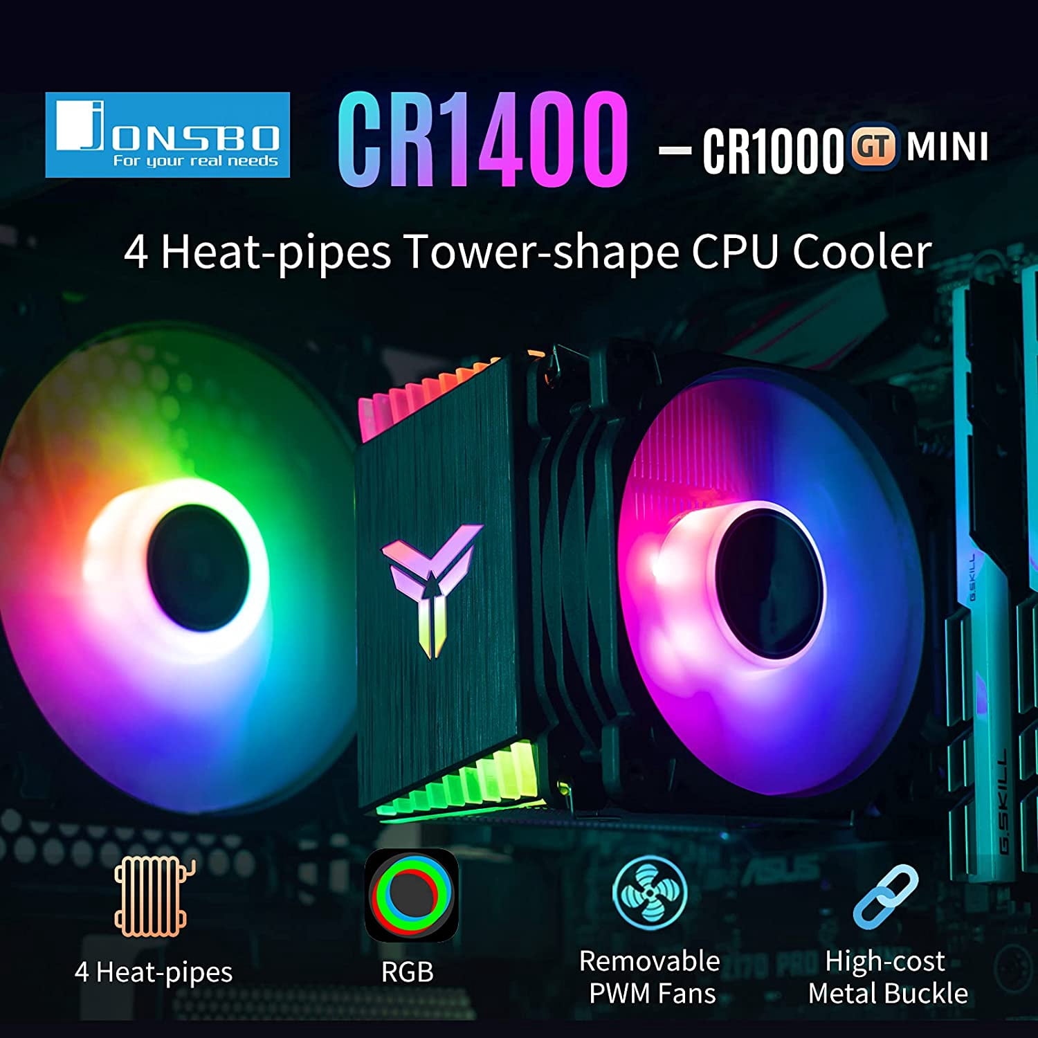 CR1400 RGB CPU Air Cooler, 92mm PWM Cooler with 4 Heat Pipes, Removable Computer PC Fans Easy to Install, Quiet Rainbow Cooling Fan for Intel LGA 1851/1700/1200/1151, AMD AM4 AM5, Black