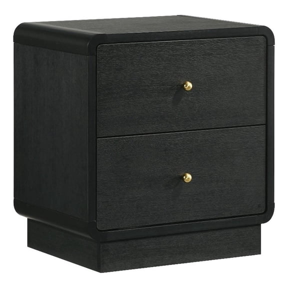 Cavy Nightstand- 2 Storage Drawers- Black Wood- Round Gold Knobs