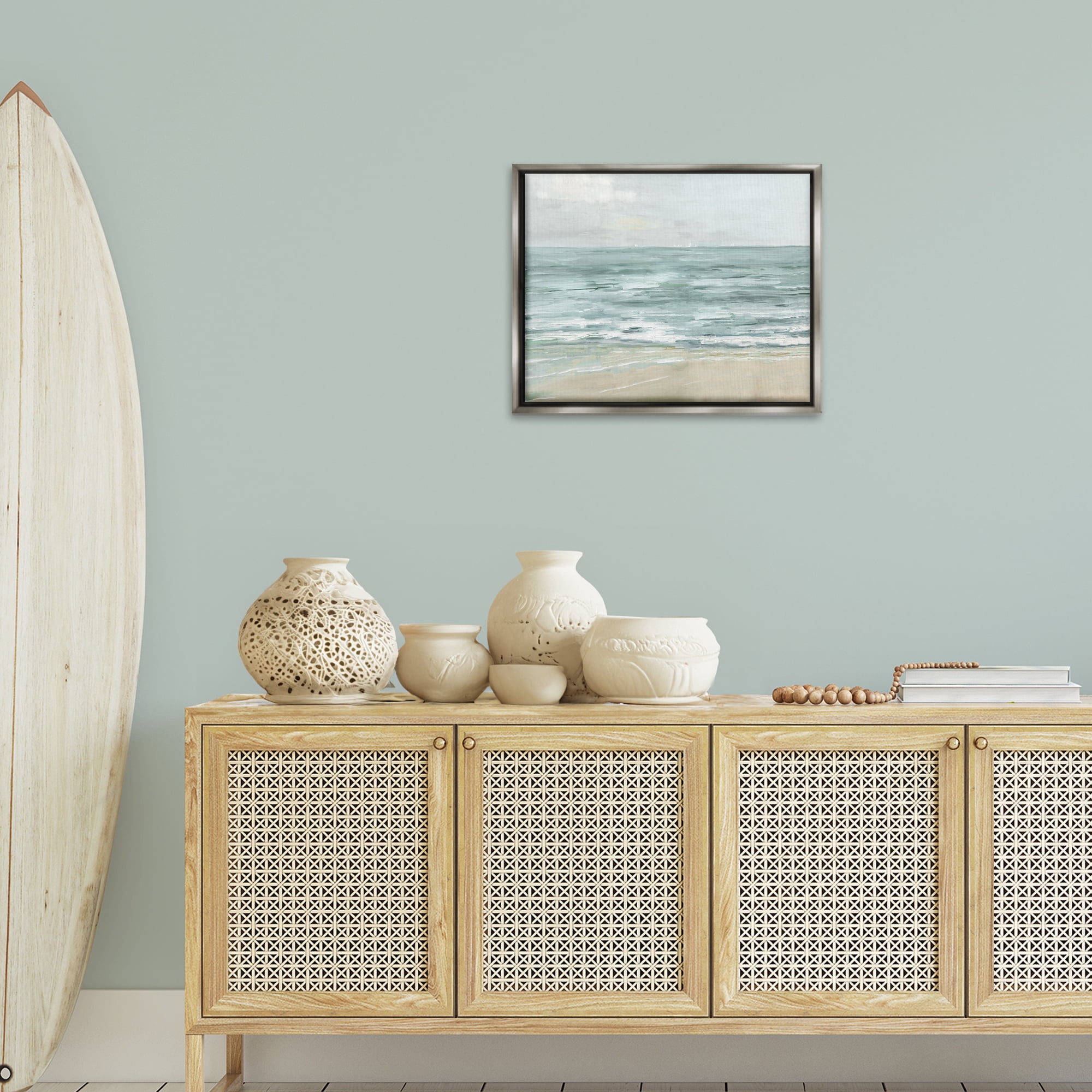 Stupell Industries Brushed Beach Waves Landscape Painting Gray Floater Framed Canvas Art Print Wall Art, 21 x 17