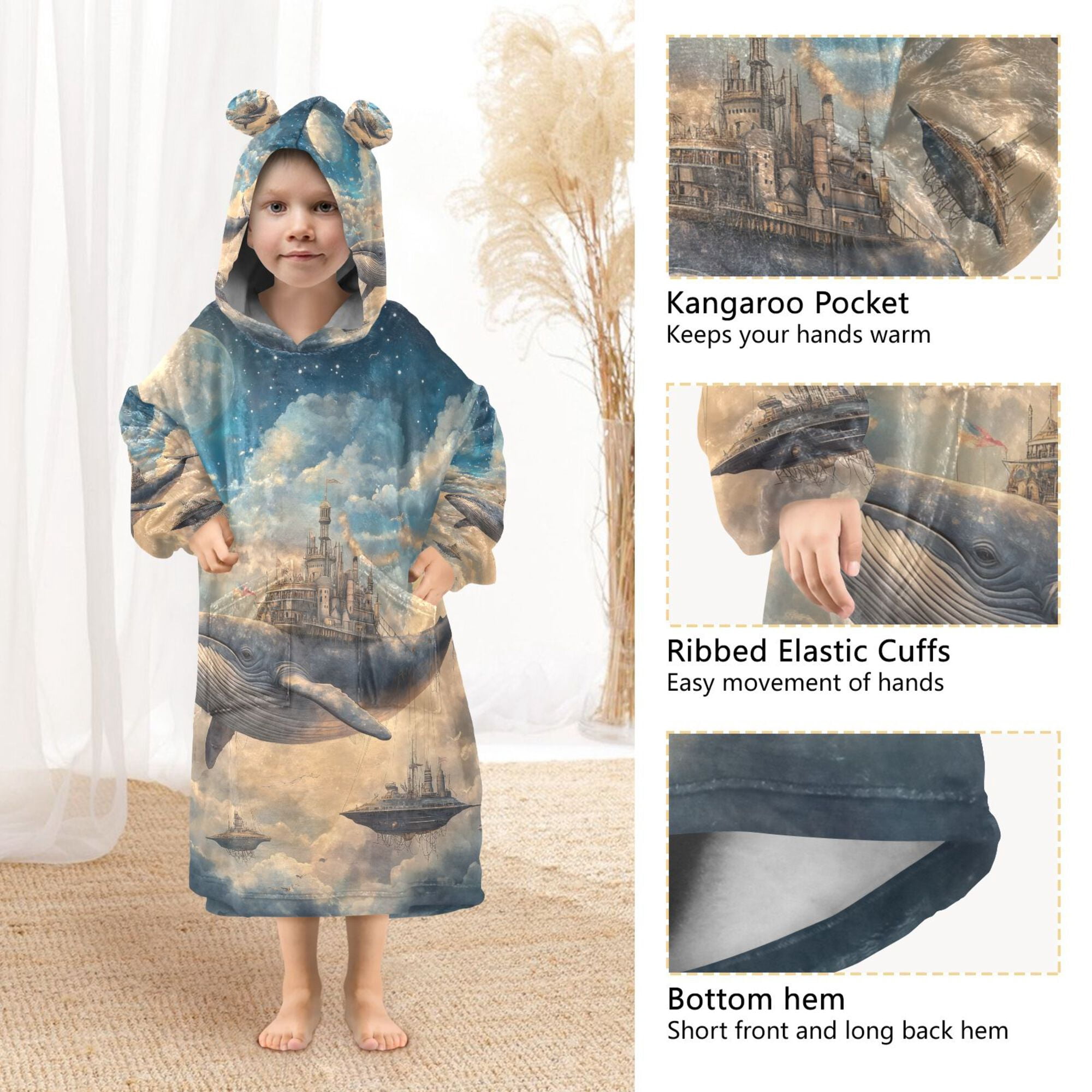 FORMRS Wearable Blanket Hoodie with Sleeves for Kids Cozy Flannel Sweatshirt, Floating Whale