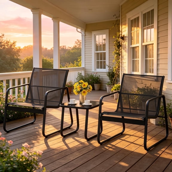 Balcony Furniture Set, Gizoon 3-Piece Patio Furniture Set with Breathable Textilene and Metal Frame for Outdoor Small Space Bistro, Black
