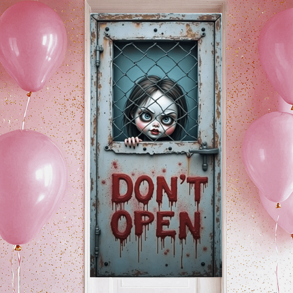 Spooky Design Don't Open Sign Metal Door Creepy Doll Decor Haunted House Prop for Halloween Party Horror Event Indoor Decoration