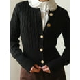 thumbnail image 5 of Women Elegant Round Neck Long Sleeve Button Down Cropped Knitted Cardigan Fall Slim Fit Sweaters Tops Black S, 5 of 10