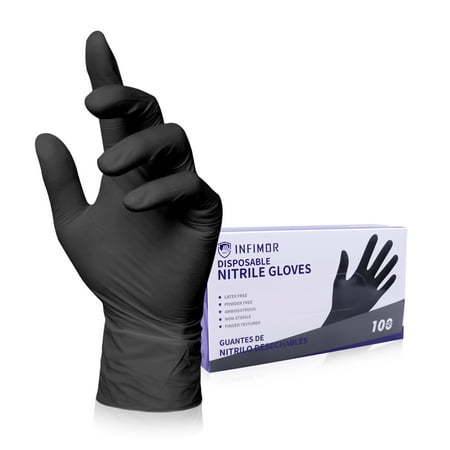 

Infimor Disposable Nitrile Gloves Powder Free Latex Free Gloves Finger Textured Medium Black 100Pcs