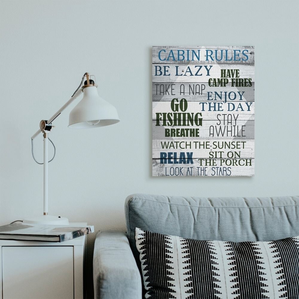Stupell Industries Cabin Rules Phrases Rustic Grain Green Black Blue Words Canvas Wall Art Design by Kim Allen, 36" x 48"