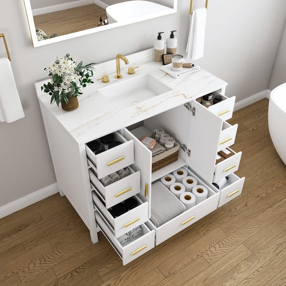 42" Modern Solid Wood Bathroom Vanity with Carrara White Sintered Stone Top