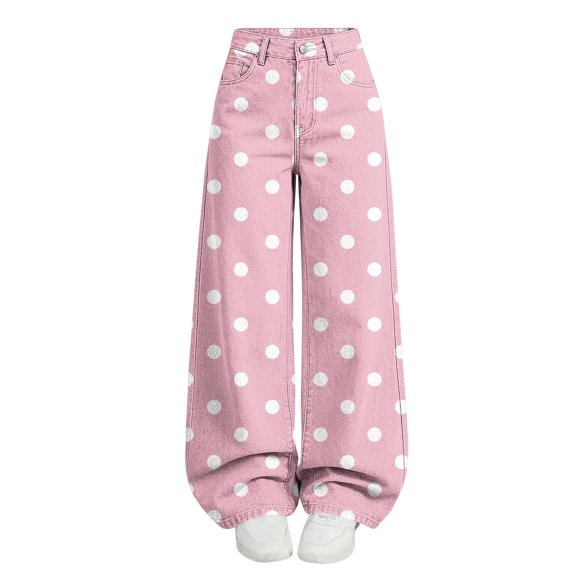 Ltctricy Girls Pants Polka Dot Wide Leg Trousers with Pockets High Waisted Kids Pants Fall Casual Streetwear(Pink,13-14 Years)