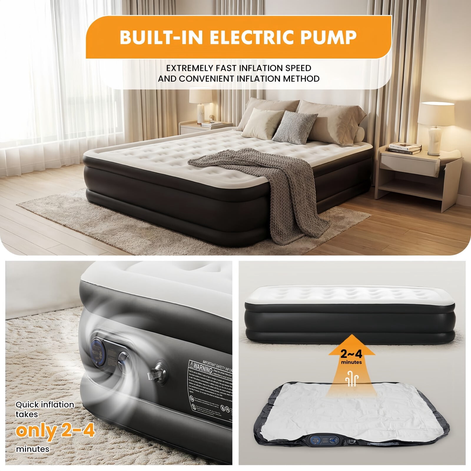 Kelno Air Mattress with Built-in Pump 16" Queen Airbed Quick Inflate Deflate with Non-Slip Bottom for Home Guest Camping