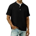 thumbnail image 2 of Mens Casual T Shirts Short Sleeve V Neck Henley Linen Shirt Button Basic Fashion Summer Beach Top Button Up Collar Shirt Black L, 2 of 8