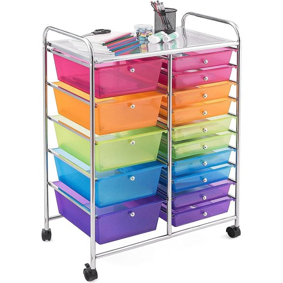 15 Drawer Rolling Storage Cart, Mobile Utility Cart with Lockable Wheels, Drawers, Multipurpose Organizer Cart for Home, Office, School, Rainbow