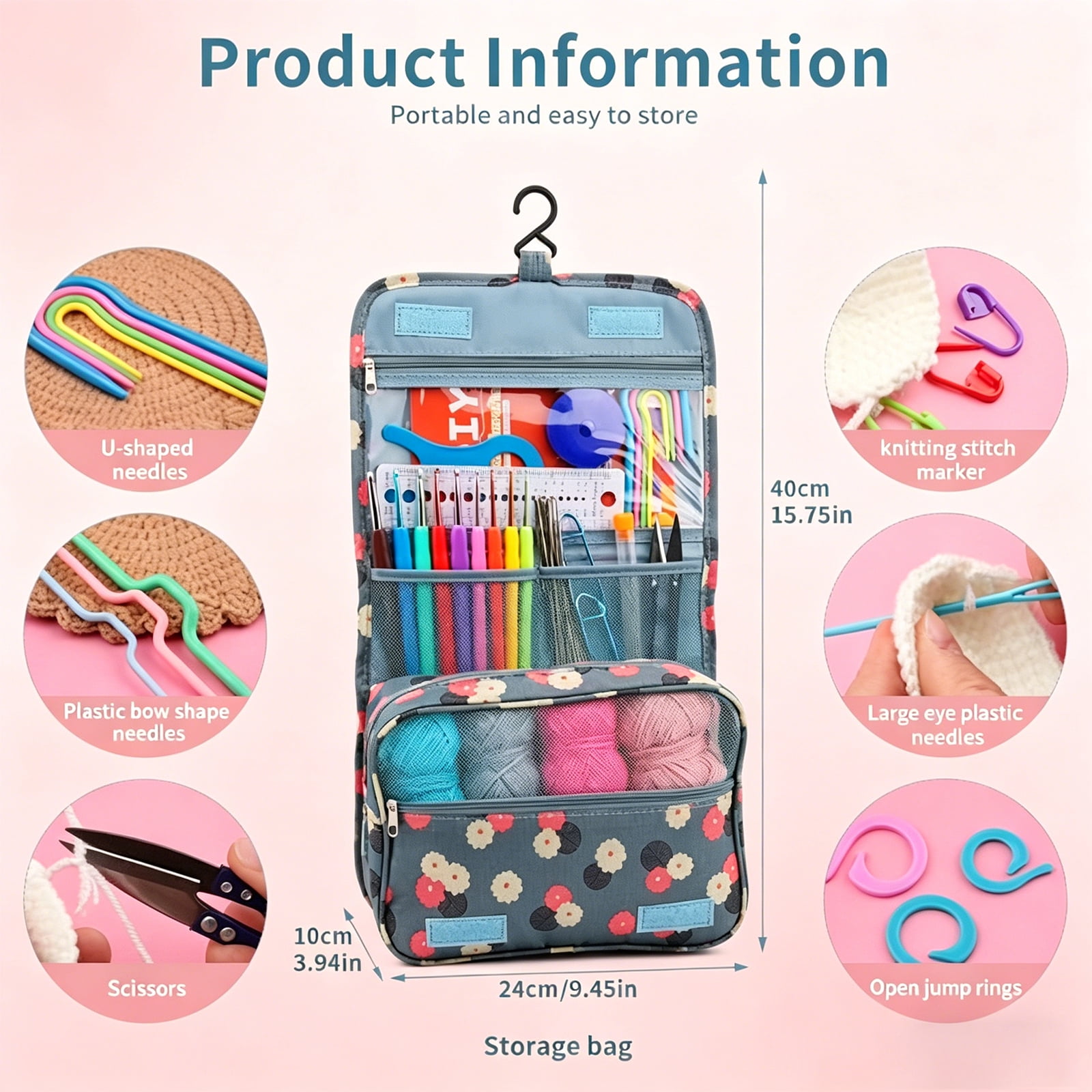 130Piece Set with Yarn,Complete Crochet Kit for Beginners,Ergonomic Hooks,and Accessories,Includes Hangable Storage Bag