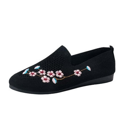 hopeusnice Clearance Women s Floral Print Mesh Breathable Slip On Loafers Comfortable Flat Shoes Breathable Lightweight Casual Beach Walking Sneakers Black 36